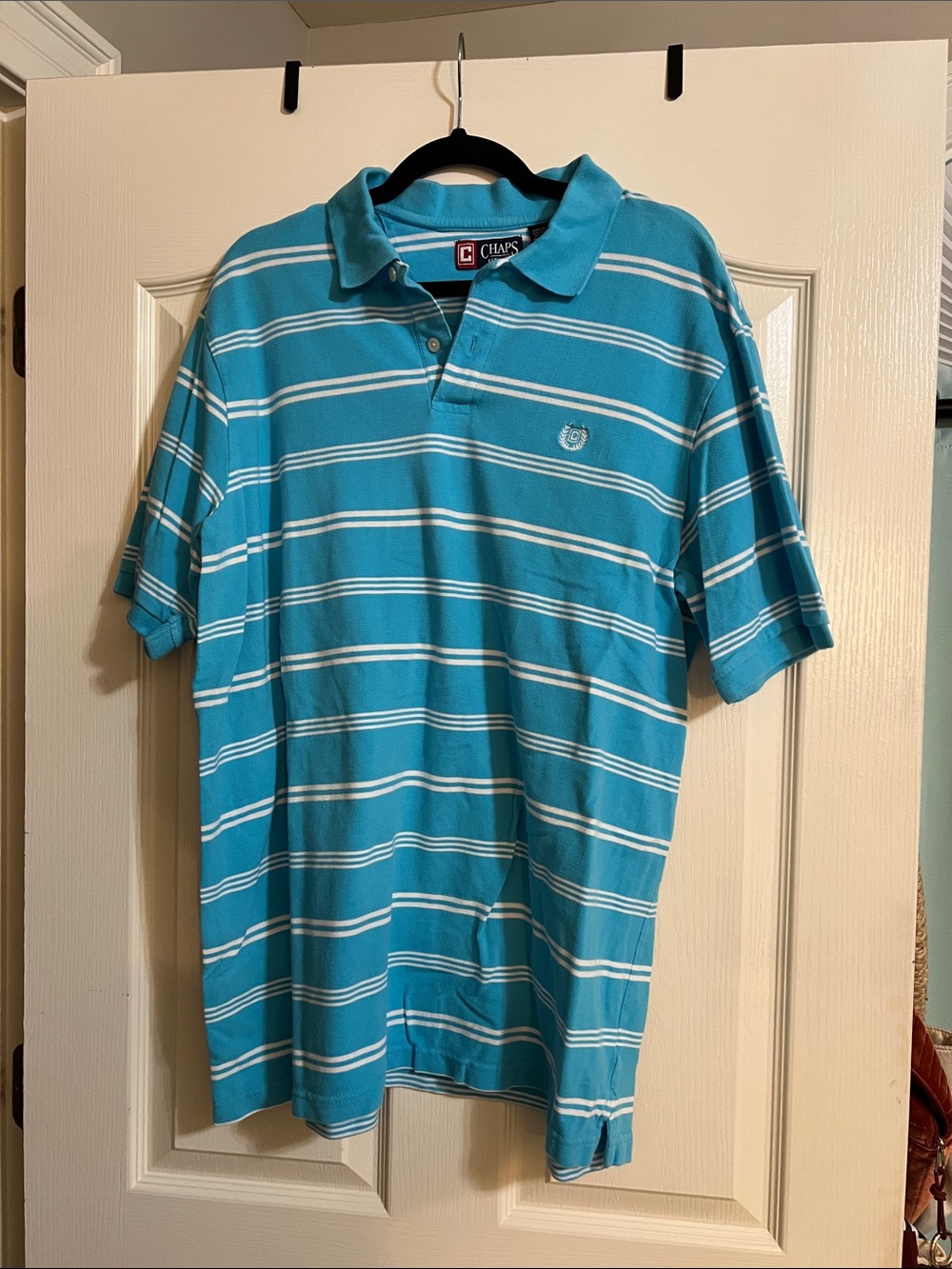 Chaps Men's Aqua and White Striped Polo